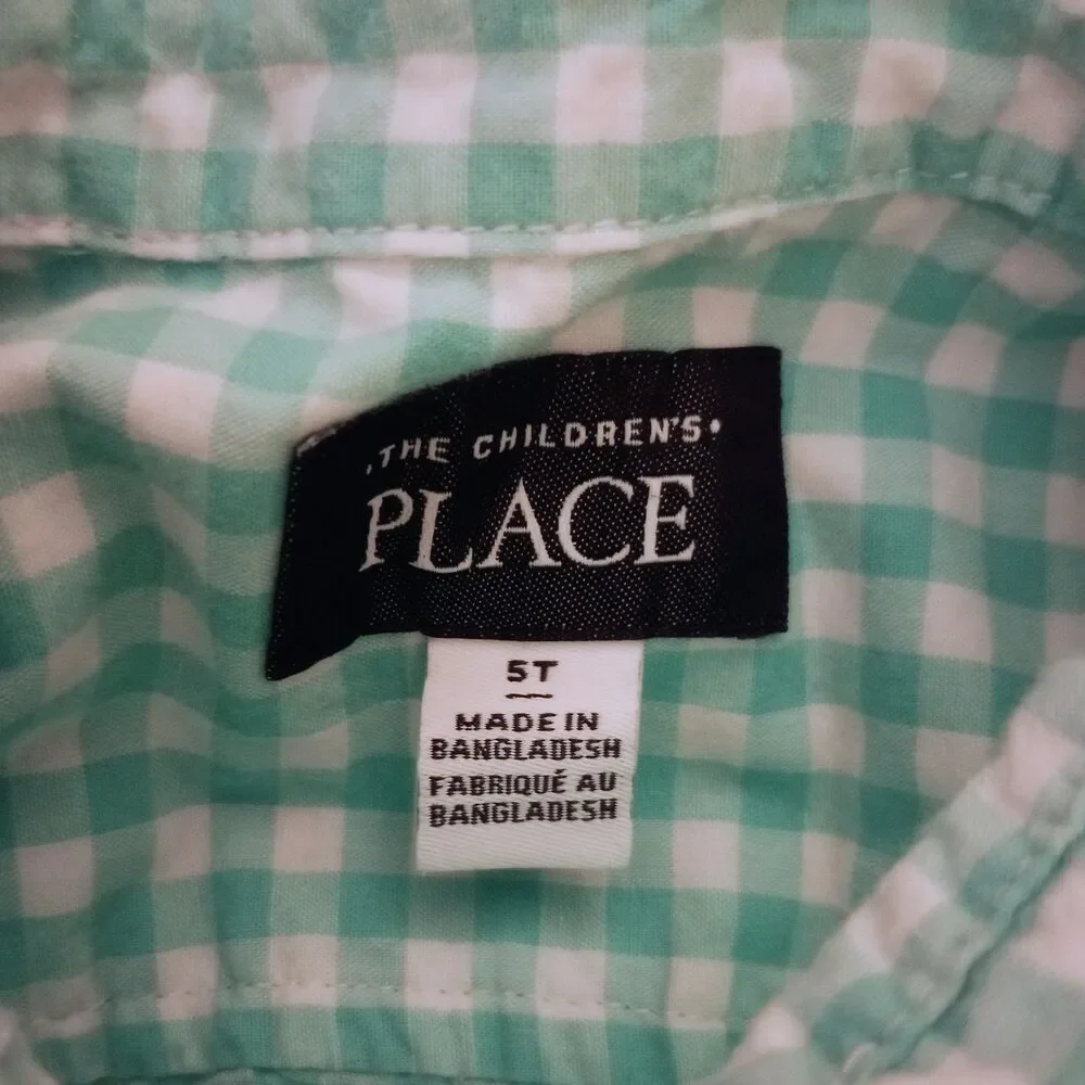 Children's Place Button Up Aqua Gingham Short Sleeve Top sz 5T Boys